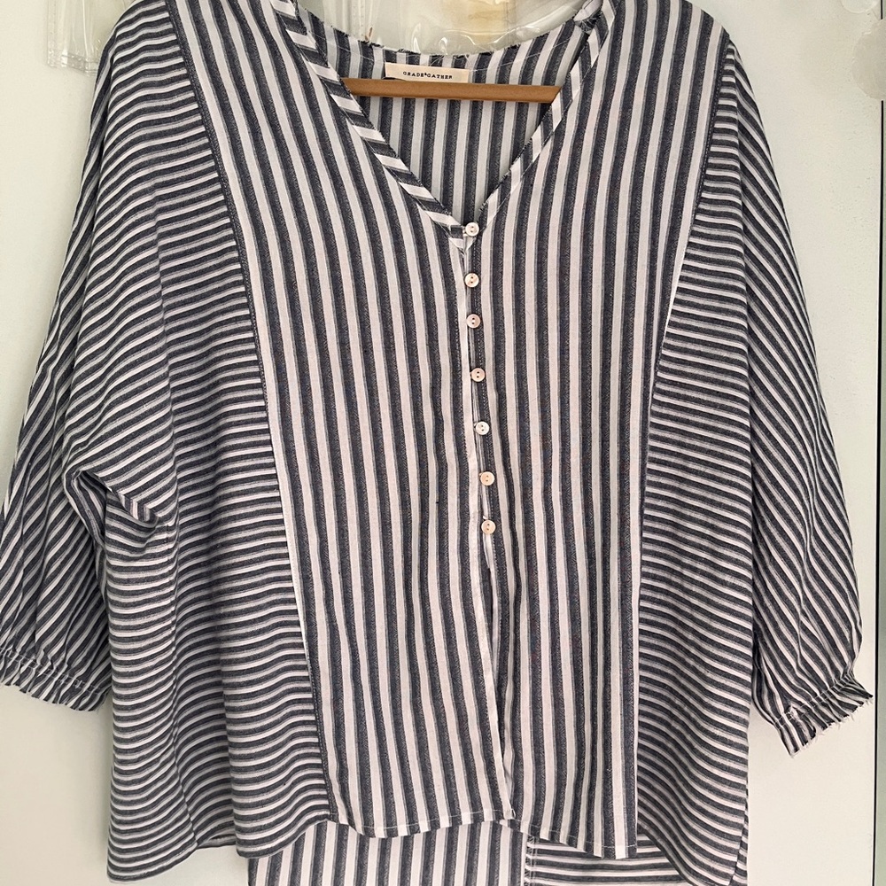 Navy/White Striped V-Neck Button-Pull On Blouse with contrasting striped pattern